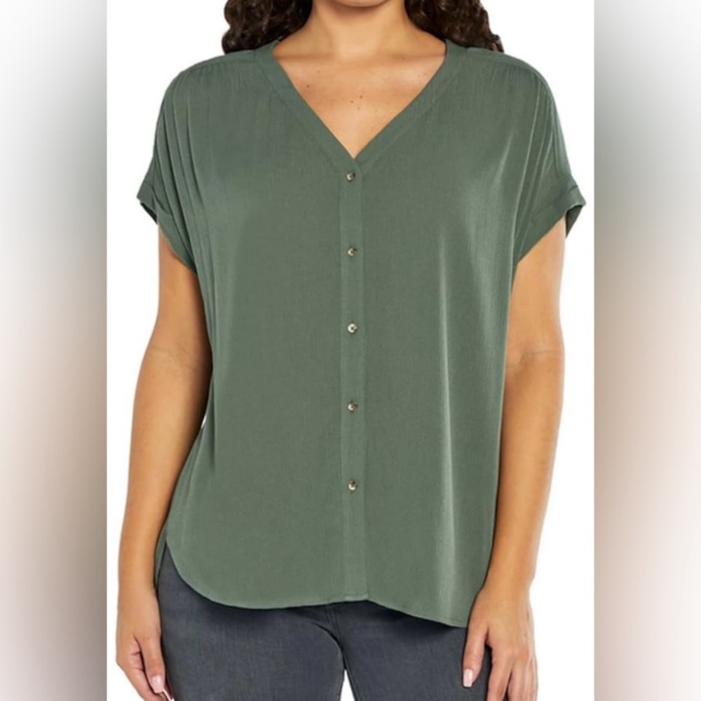 Orvis Forest Green Button-Front V-Neck Blouse